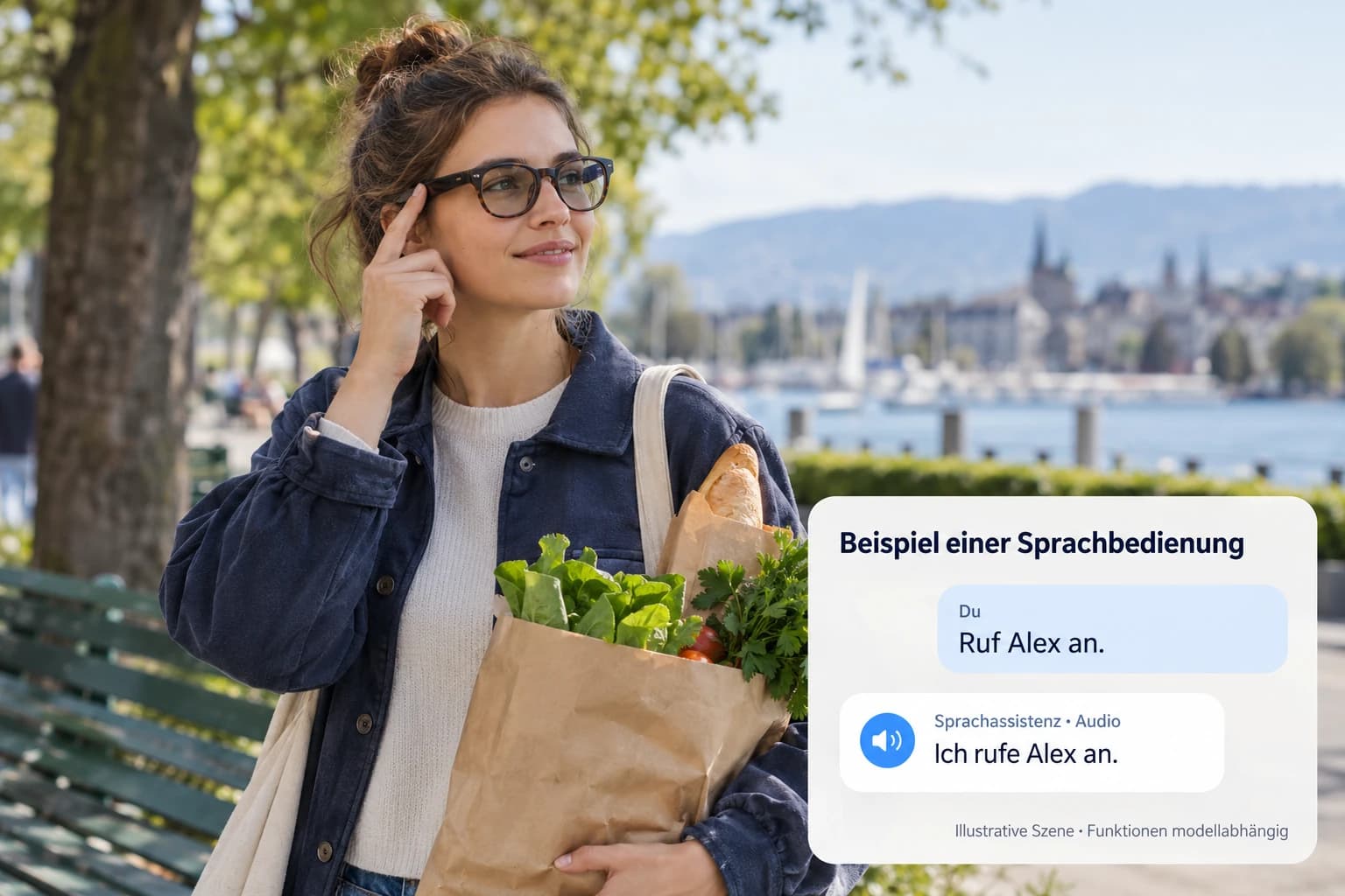 Eine junge Frau verwendet im Stehen eine Audio-Brille für einen freihändigen Anruf. Die redaktionelle Dialogbox zeigt eine Sprachbedienung.