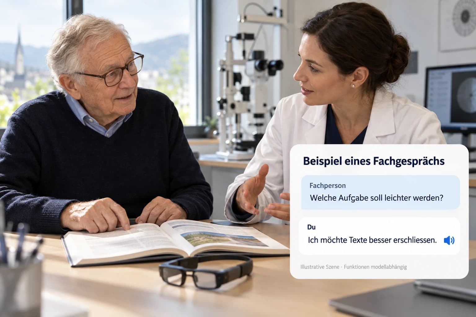 Ein älterer Mann bespricht mit einer Fachperson eine konkrete Aufgabe beim Lesen. Das Bild stellt keine Behandlung oder Sehverbesserung dar.
