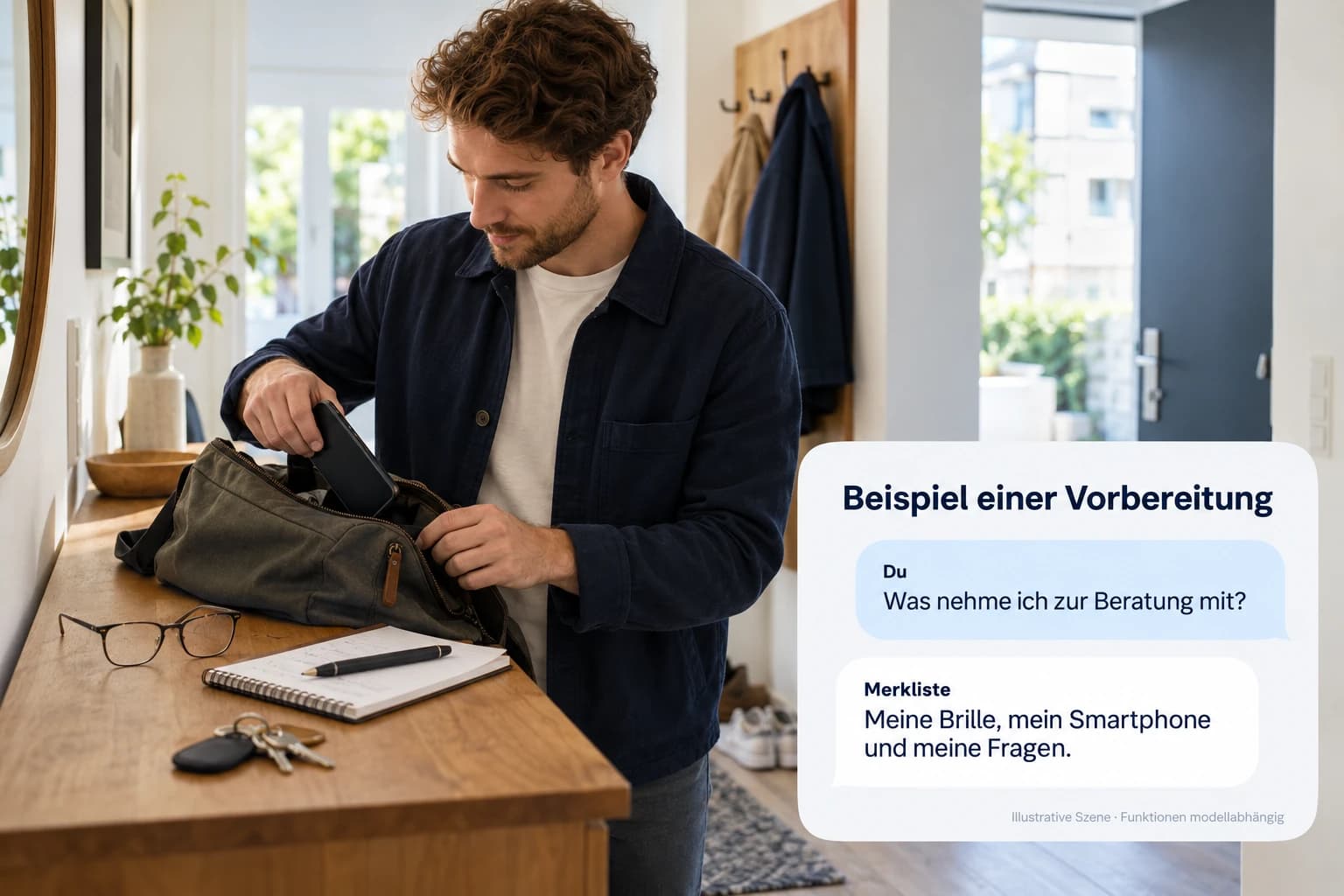 Ein junger Mann bereitet zu Hause seine Brille, sein Smartphone und seine Fragen für eine Beratung vor.