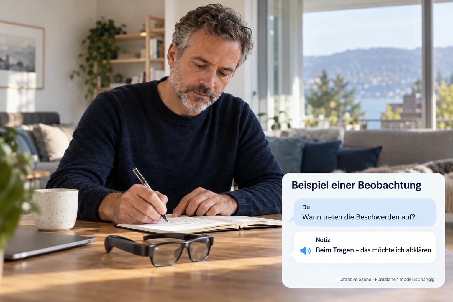 Ein Mann hat die Smart-Brille abgelegt und dokumentiert zu Hause seine Beschwerden in einem Notizbuch.