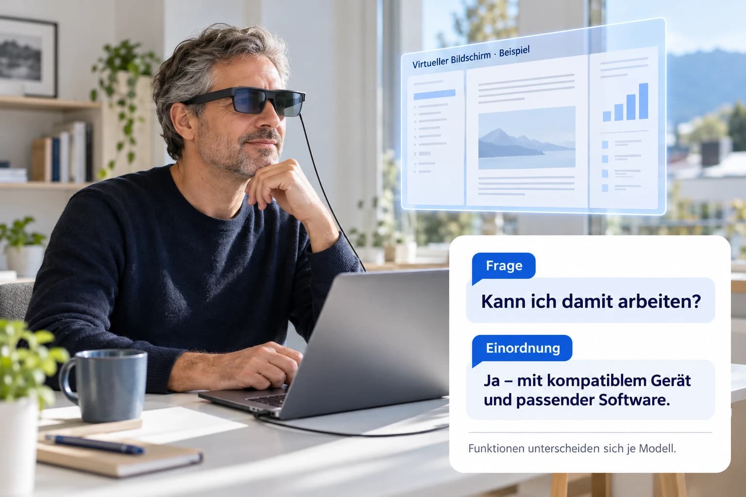 Ein Mann mit generischer AR-Brille am Schreibtisch. Die Brille ist mit einem Laptop verbunden; ein virtueller Bildschirm wird schematisch dargestellt.