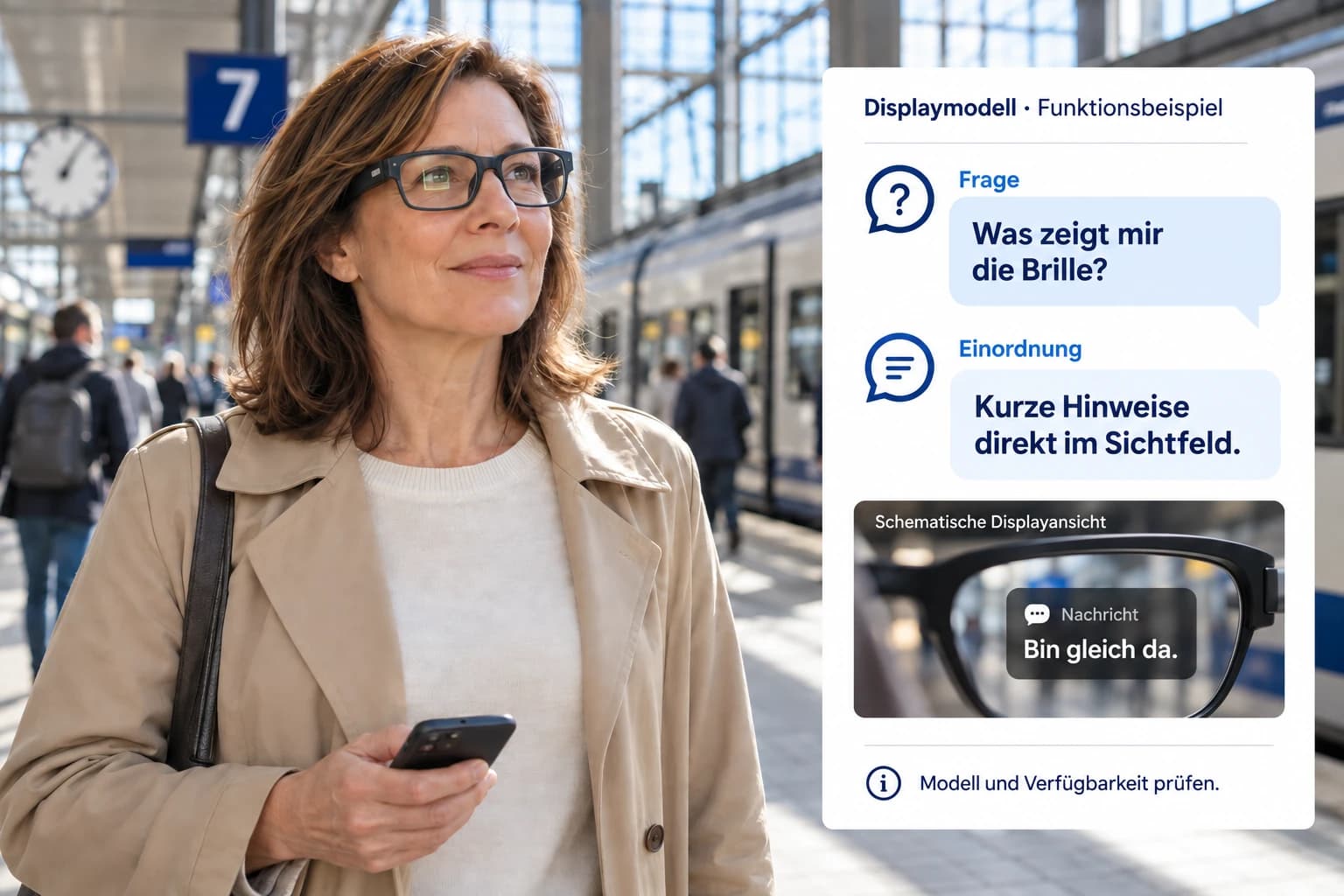 Eine Frau mit generischer Display-Brille am Bahnhof. Eine redaktionelle Infobox zeigt eine schematische Nachrichtenanzeige.