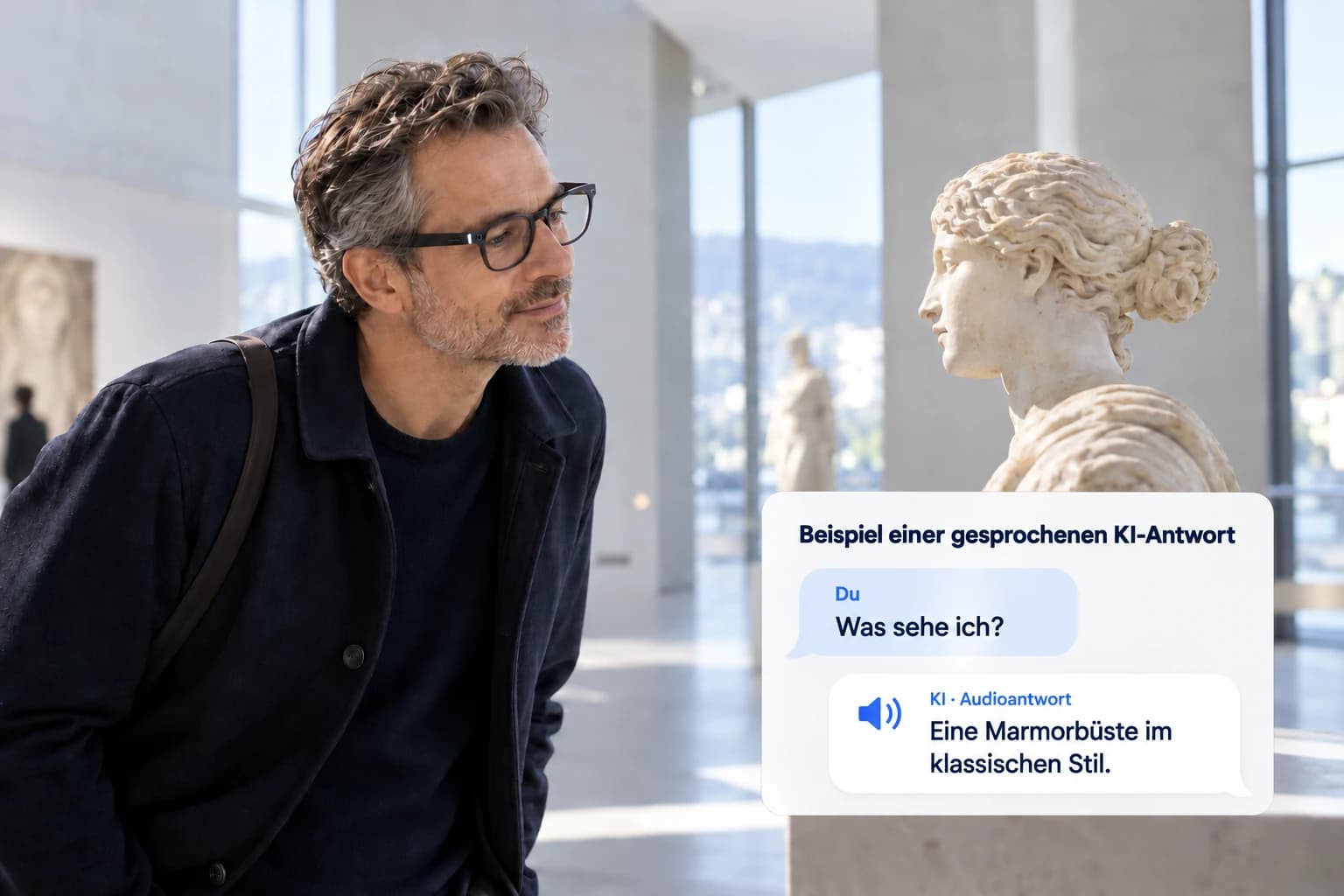 Ein Mann mit generischer Kamera-Brille betrachtet eine Marmorbüste. Redaktionelle Dialogblasen zeigen eine gesprochene Frage und KI-Audioantwort.