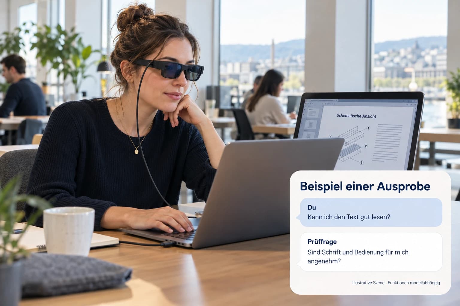 Eine junge Frau prüft am Laptop den Lesekomfort einer angeschlossenen Display-Brille. Ein virtueller Dokumentbereich ist als schematische Ansicht gekennzeichnet.