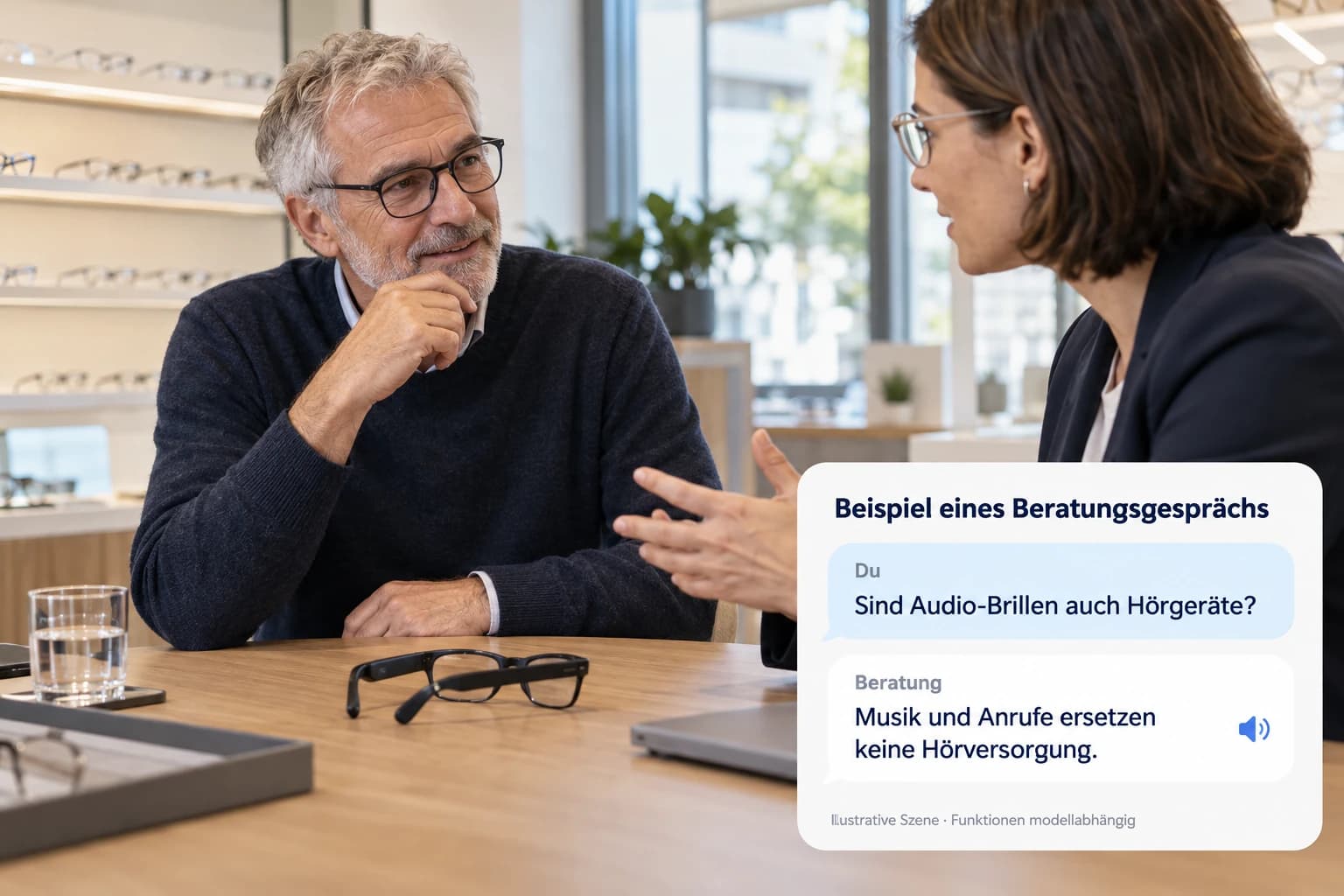 Ein Mann bespricht mit einer Fachberaterin den Unterschied zwischen Audio-Brille und Hörversorgung. Eine redaktionelle Dialogbox erklärt die Abgrenzung.