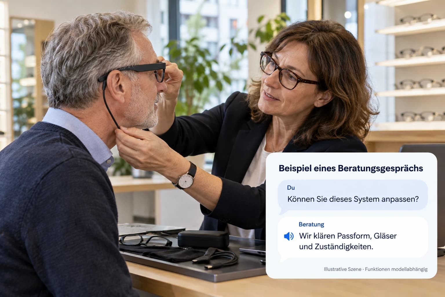 Eine Fachberaterin prüft die Passform einer Smart-Brille an einem Kunden im Optikgeschäft.