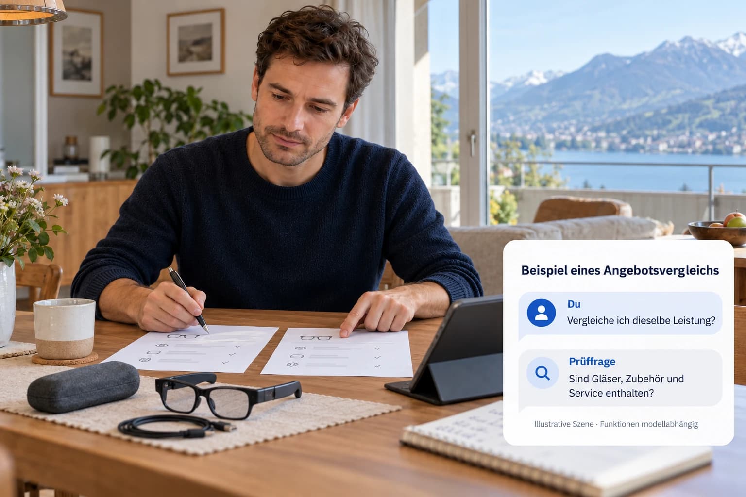 Ein jüngerer Mann vergleicht zu Hause zwei Smart-Glasses-Angebote neben Brille, Kabel und Etui. Die redaktionelle Prüffrage betrifft Gläser, Zubehör und Service.
