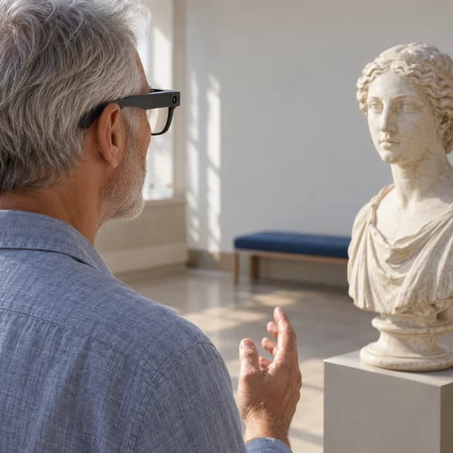 Ein Mann mit Kamera-Brille betrachtet eine Büste im Museum.