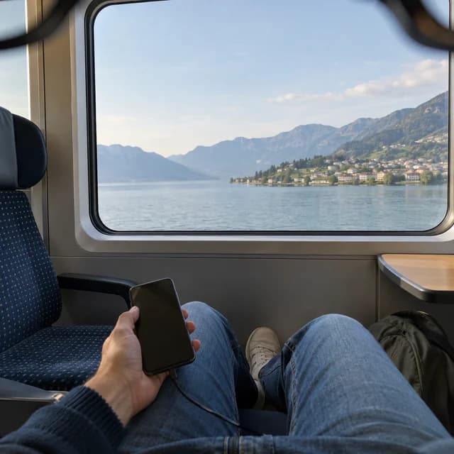 Blick durch eine Displaybrille aus einem Zugfenster, mit illustriertem persönlichem Bildschirm.
