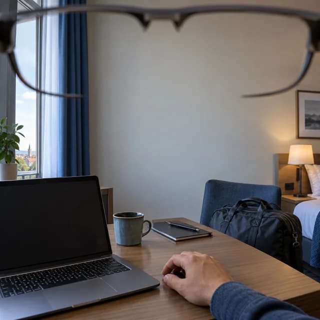 Blick durch eine Brille auf einen Hotelarbeitsplatz mit illustrierten virtuellen Fenstern.