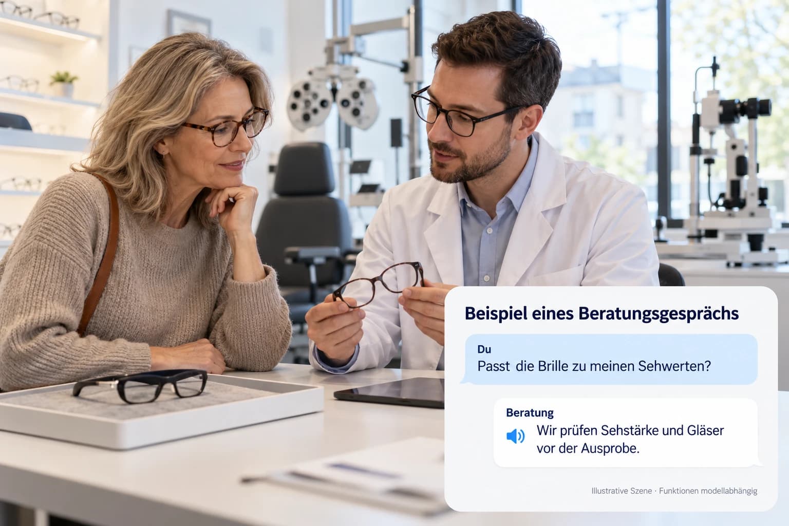 Eine Frau bespricht ihre Sehwerte und Gläser mit einer Fachperson im Untersuchungsraum.
