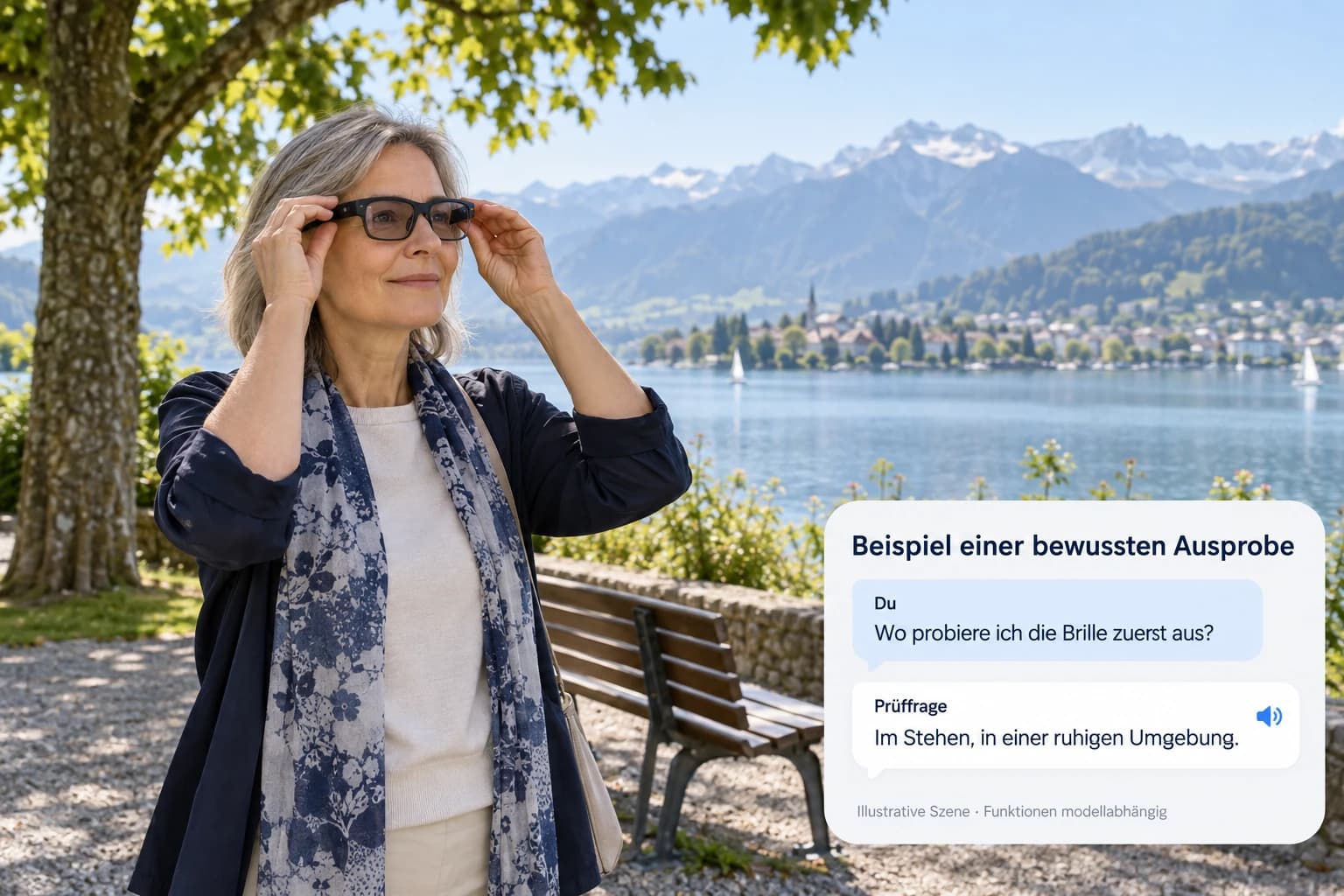 Eine Frau probiert im Stehen an einer ruhigen Parkbank eine Smart-Brille aus.